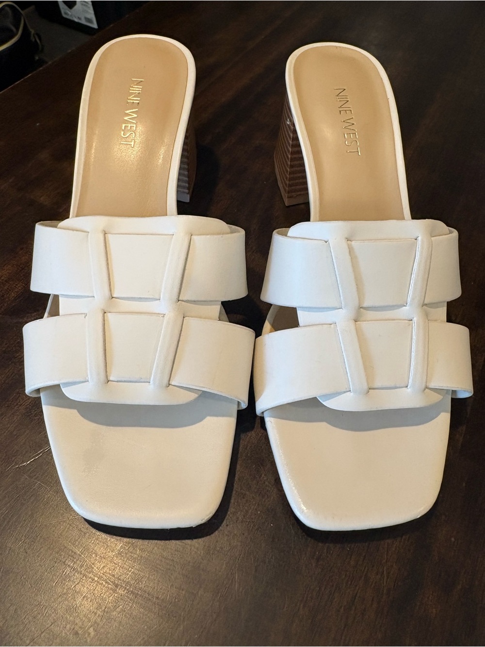Nine West White Leather Block Heel Slide Sandals